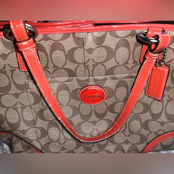 Coach Peyton Signature Logo Heritage Authentic Tote with Orange Leather Trim! 🧡 - Picture 7 of 14